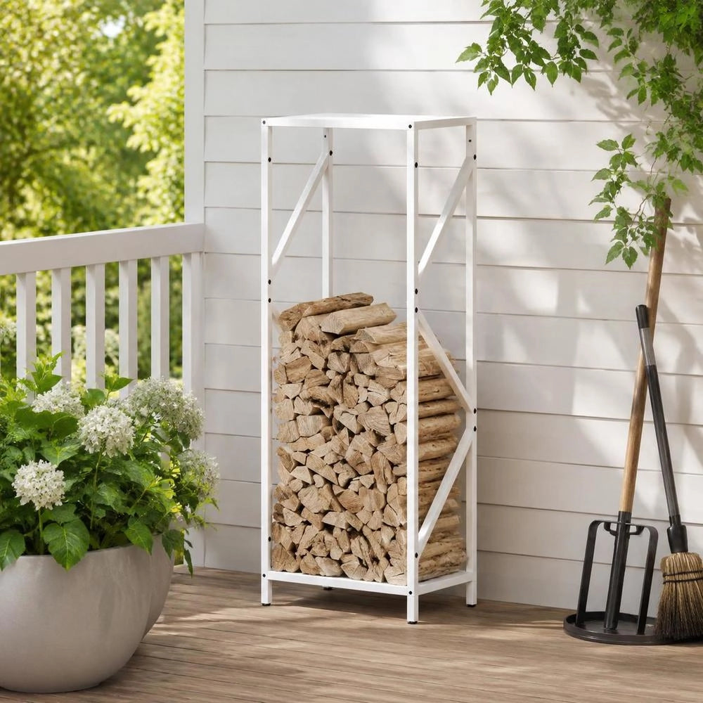 Porta legna bianco, 34x25x100 cm, in acciaio laminato a freddo – robusto e resistente, ideale per esterni, giardino e camino, pratico e durevole