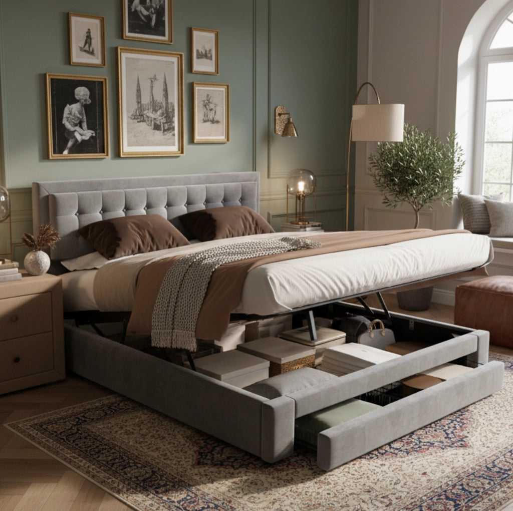 Letto imbottito contenitore in velluto con cassetti; 180x200 cm; grigio