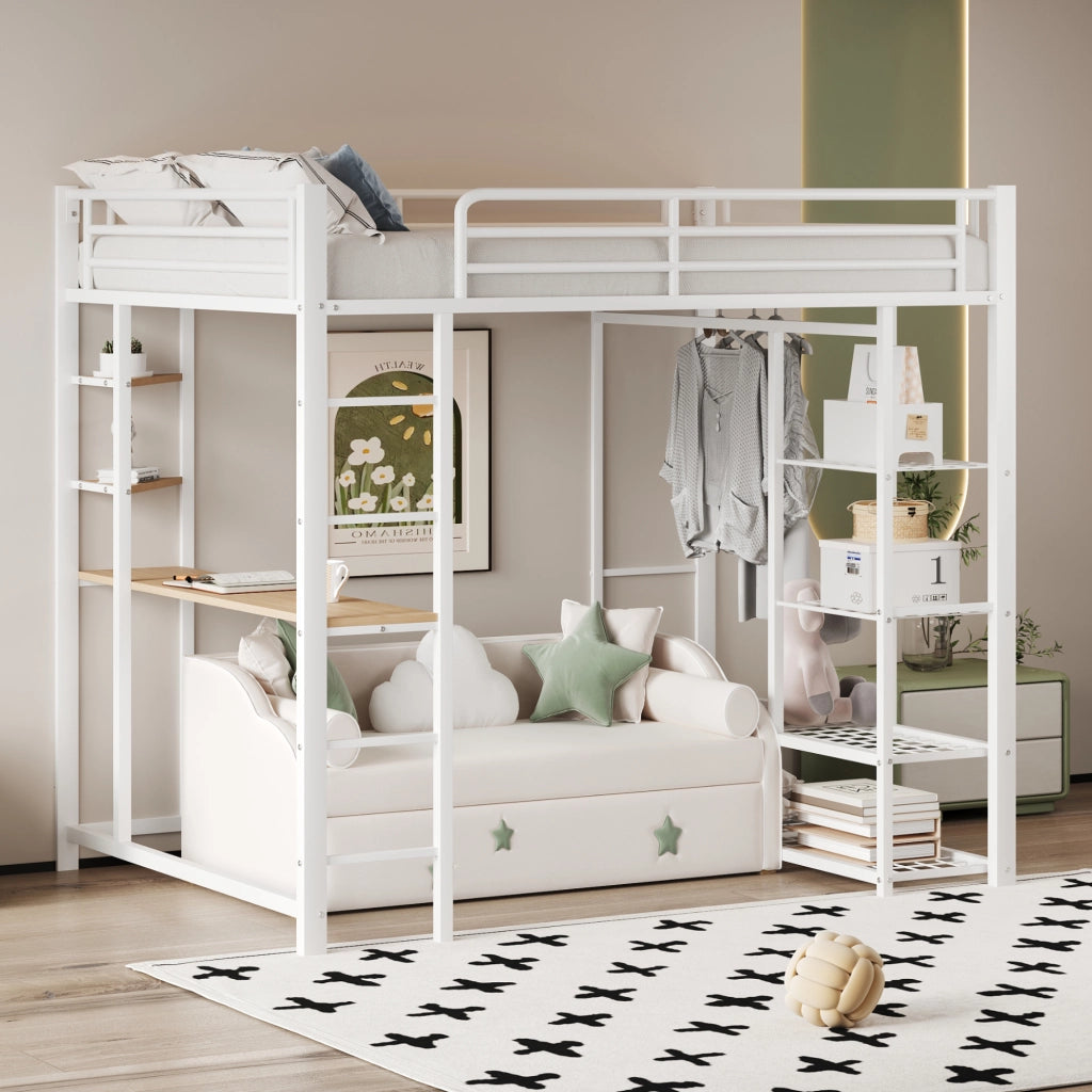 Letto a castello bianco con funzione scrivania e contenitori in metallo 90x200 cm