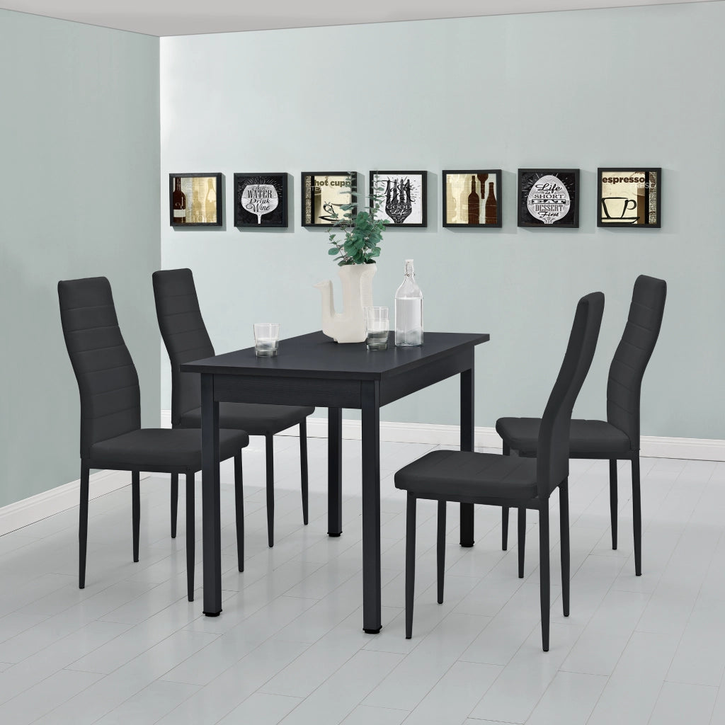 Set da Sala da Pranzo Tavolo con 4 Sedie Gambe in Acciaio Rivestimento in Similpelle - Nero [en.casa]