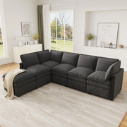 Divano modulare XXL 6 posti con funzione letto e pouf mobile componibile a U o L in chenille grigio 344 × 127 × 91 cm