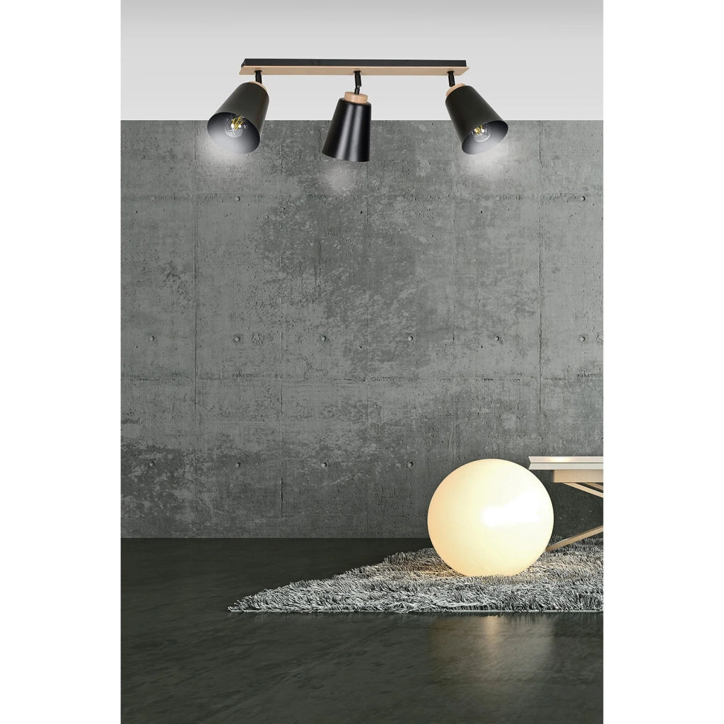 Plafoniera Faretti Spot Orientabili 3 Luci Xiwangmu Acciaio Nero E Legno Naturale