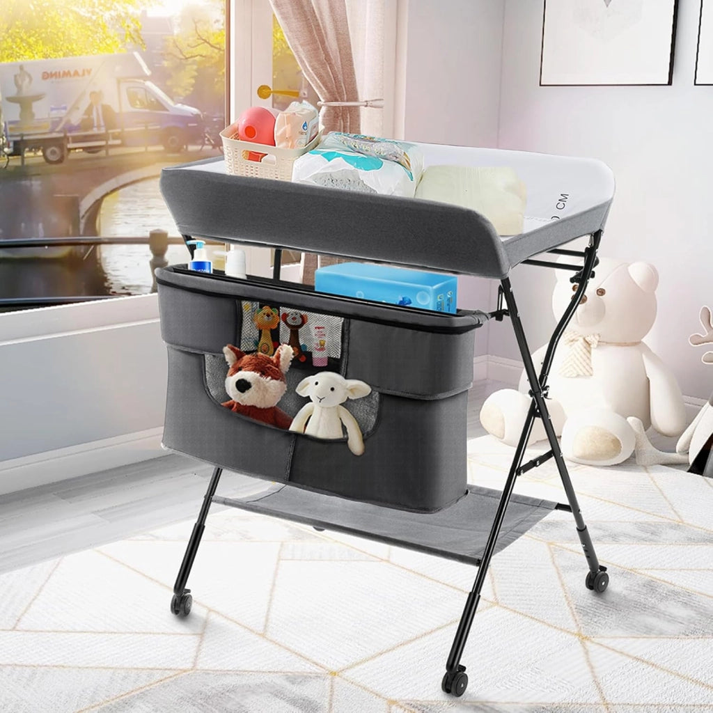 Fasciatoio Pieghevole Portatile, Bagnetto Cambio Pannolini per Bambini Neonati, con Ruote e Vaschetta, Altezza Regolabile 79.5x66x97-101 cm (Grigio)