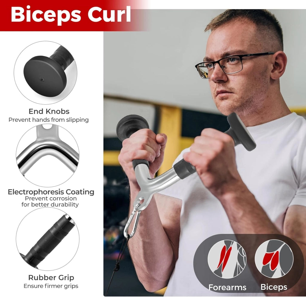 KOMFOTTEU 4 Accessori per Macchina a Cavi, Impugnature Palestra Set Multifunzione con Corda per Tricipiti, Triangolo Pulley per Palestra, Maniglia a V, Barra Tricipiti Dritta, Allenamento in Gym