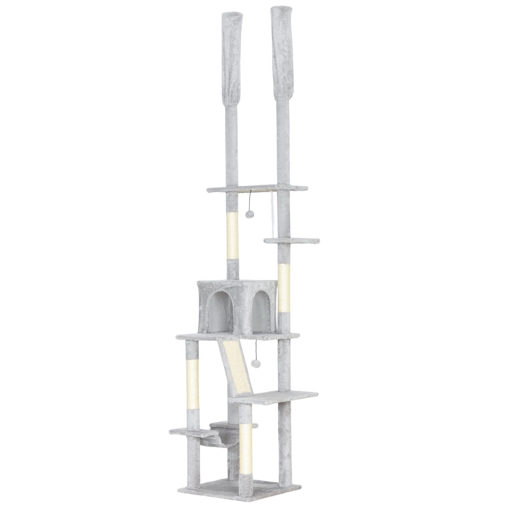 Albero Tiragraffi a Soffitto con Altezza Regolabile 225-255 cm con Casetta e Amaca in Peluche e Sisal Grigio Chiaro