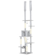 Albero Tiragraffi a Soffitto con Altezza Regolabile 225-255 cm con Casetta e Amaca in Peluche e Sisal Grigio Chiaro