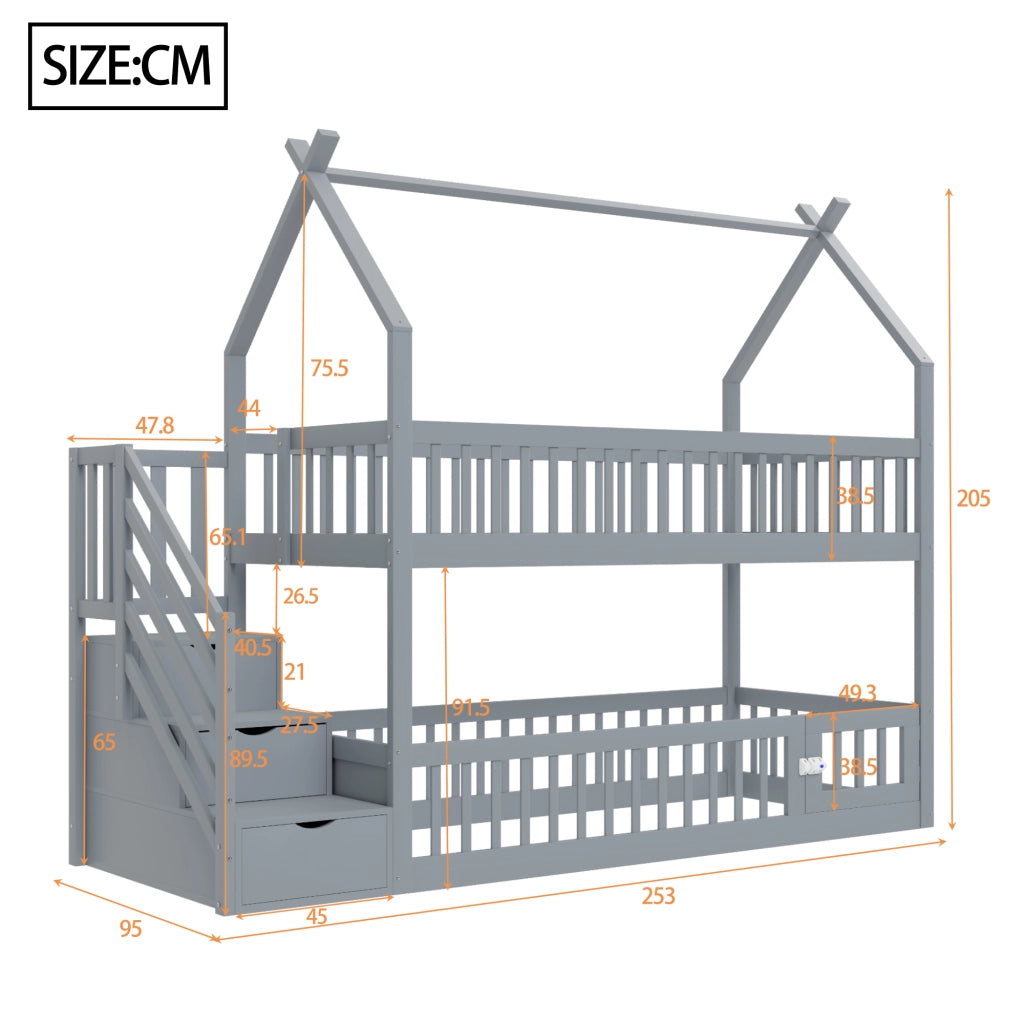 Letto a Castello 90x200 cm; Letto Singolo - Tetto; Scala con Cassetti - in Legno - Grigio