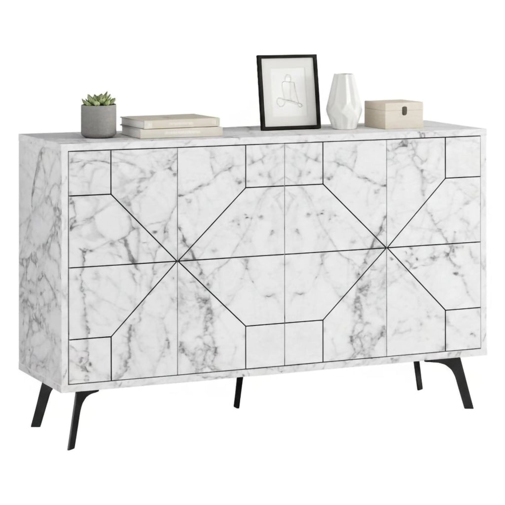 Credenza Brunale, Buffet da soggiorno, Madia da salotto, Dispensa da cucina, 123x35h62 cm, Bianco Marmo