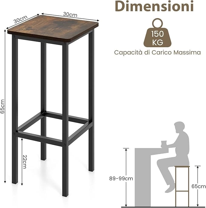 Set di 4 Sgabelli da Bar, Sgabello da Bar con Gambe in Metallo e Poggiapiedi, Sgabello senza Schienale per Cucina, Sala da Pranzo e Bar, 30 x 30 x 65 cm