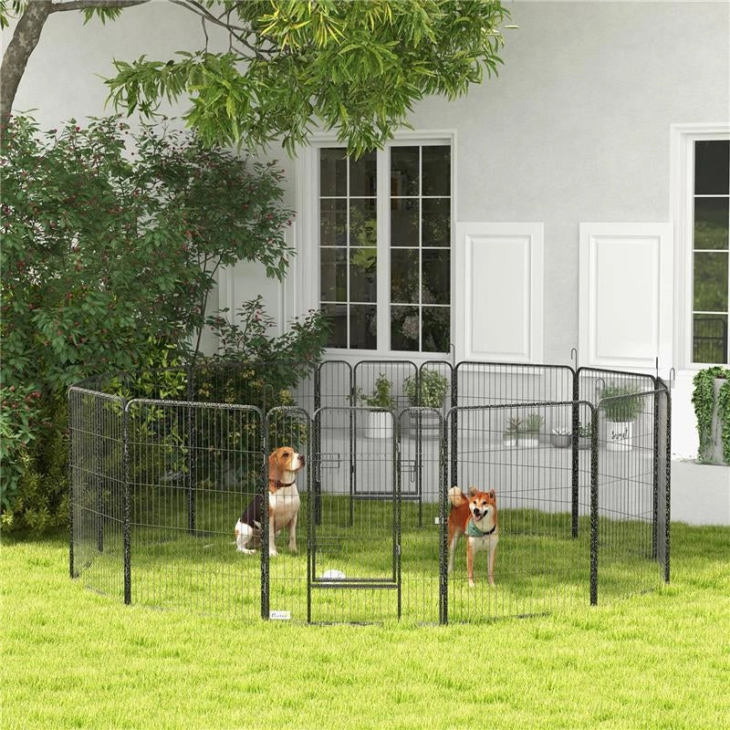 RECINTO PER CANI A 12 PANNELLI MODULABILI DA 80X100 CM, PIEGHEVOLE CON PORTA IN ACCIAIO E 12 PICCHETTI, GRIGIO