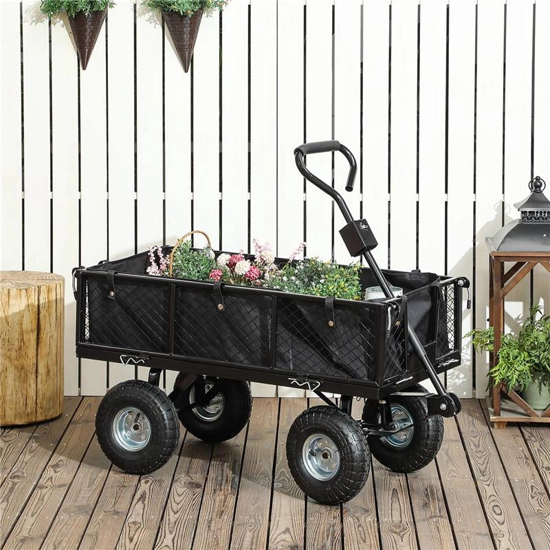 CARRELLO DA GIARDINO IN ACCIAIO DA 114L CON SACCA PORTAOGGETTI E PARETI RIMOVIBILI 105X51X54 CM NERO