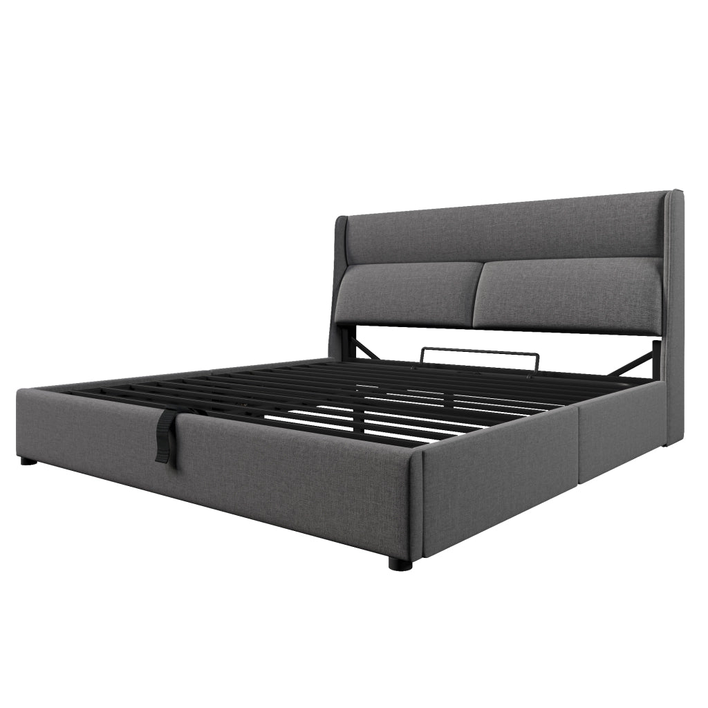 Letto matrimoniale imbottito 140x200 cm grigio con testiera regolabile, contenitore idraulico e materasso