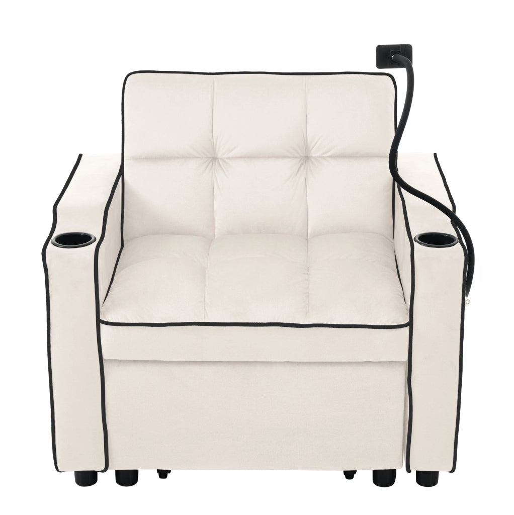 Divano letto singolo 3 in 1 estraibile con portabicchieri e porta telefono; beige 83x167x76 cm
