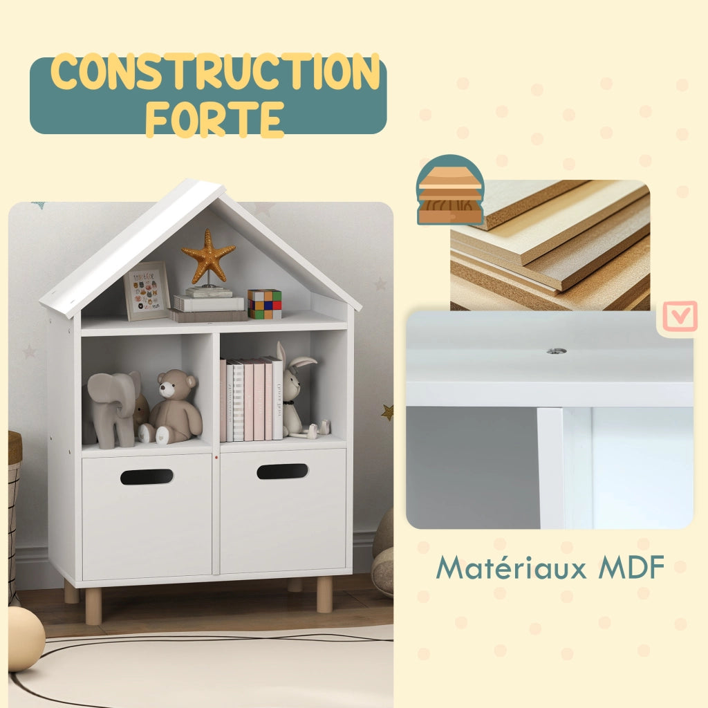 Libreria per bambini ¨C zephmum ¨C 3 ripiani, 2 cassetti, forma casa, 64x30x89 cm, bianco