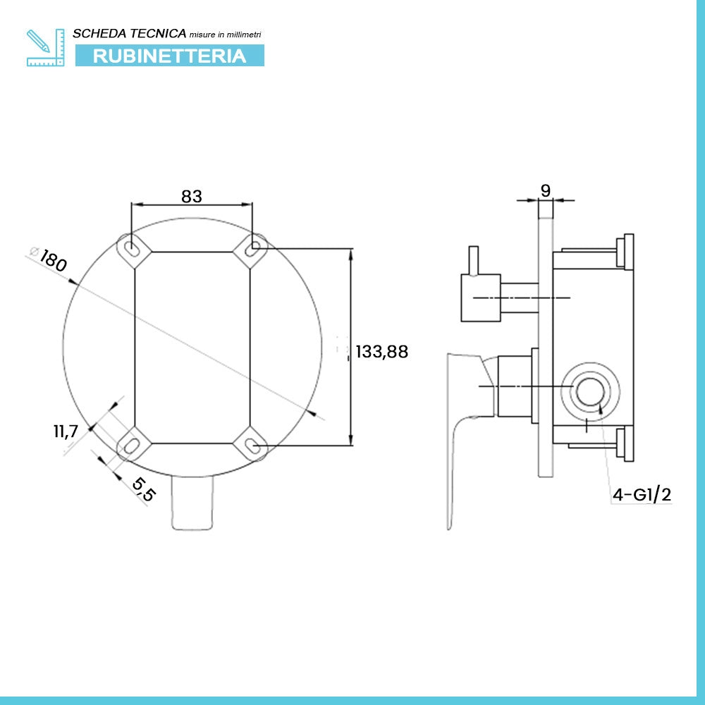 Set doccia a incasso completo nero opaco con braccio 35cm, soffione 25cm, miscelatore e kit doccino Flat