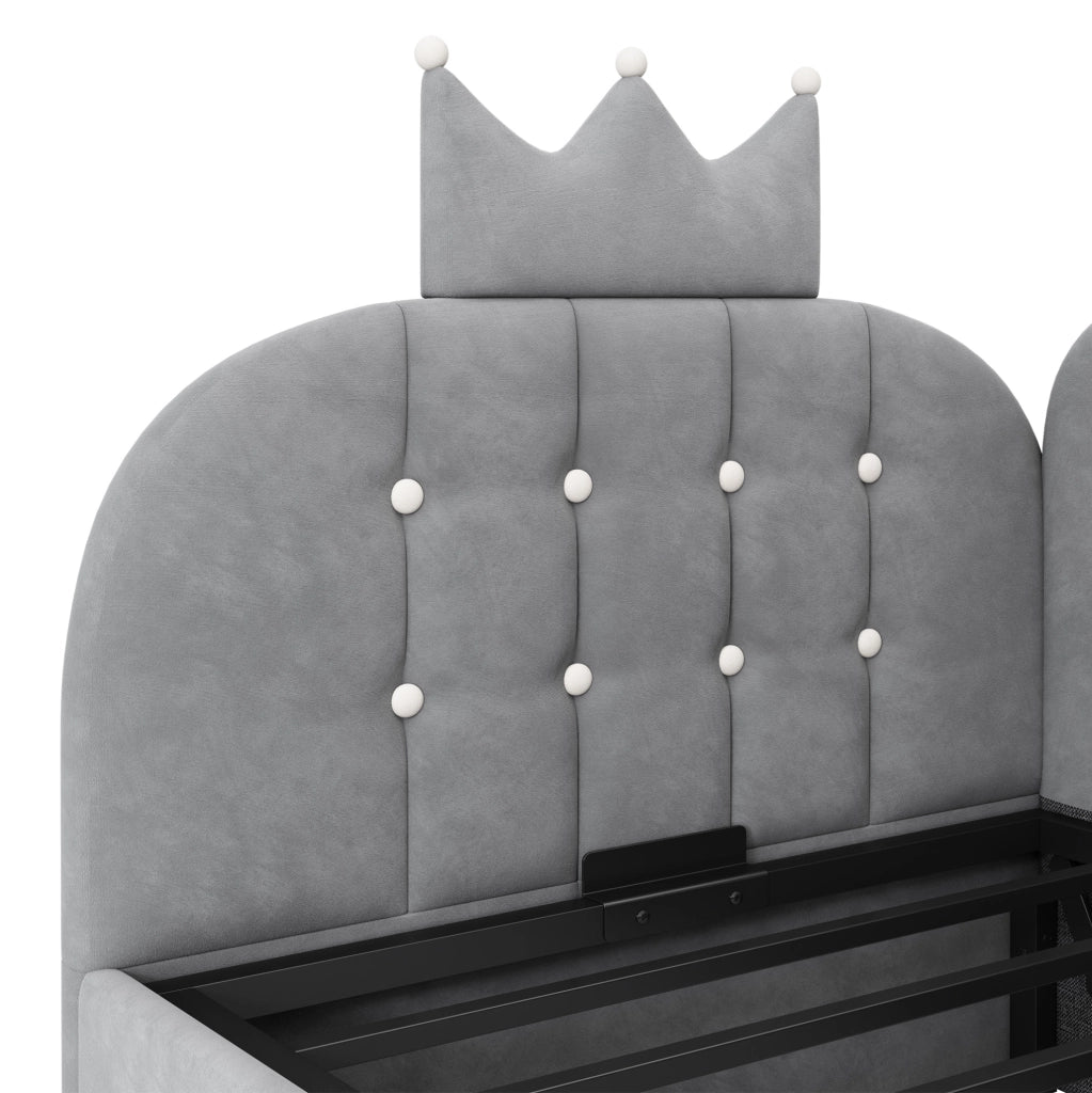 Letto daybed L-forma 90x190 cm in velluto grigio con contenitore e design a corona