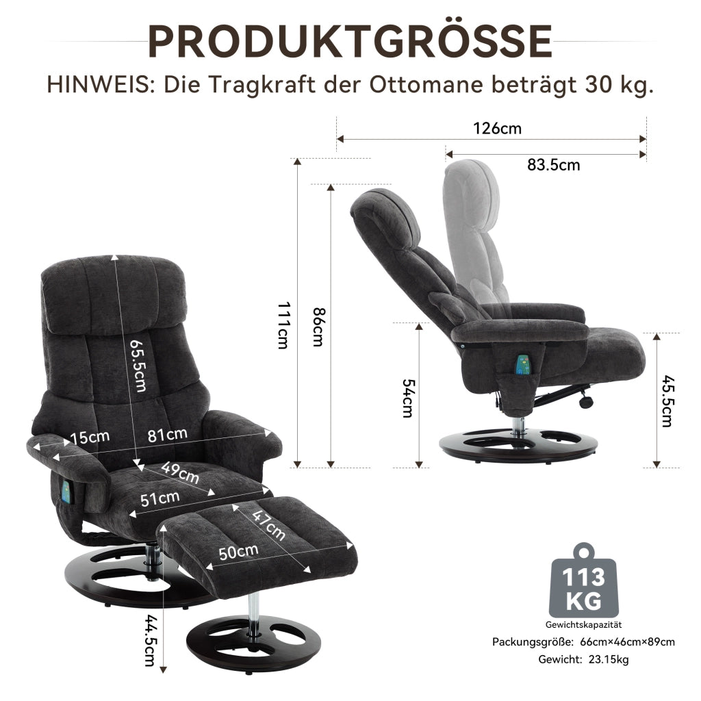 Poltrona Relax Reclinabile Massaggiante con Poggiapiedi ¨C MINIMAL ¨C Girevole 360¡ã, Tessuto Chenille Scuro