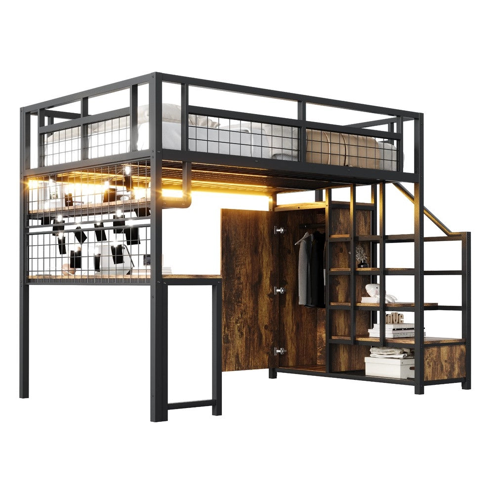 Letto a Soppalco in Metallo con Armadio, Tavolo e LED ¨C MINIMAL ¨C Nero 140x200