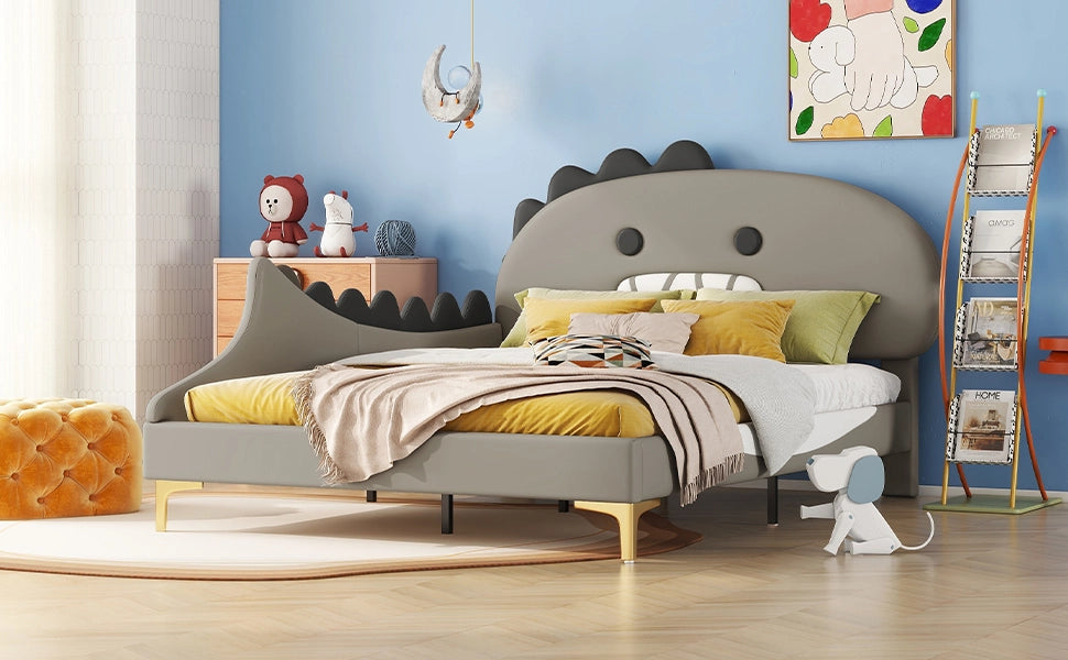 DESMIU Letto per bambini 140 × 200 cm 2 posti con testiera dinosauro, senza materasso, in PU e MDF, grigio