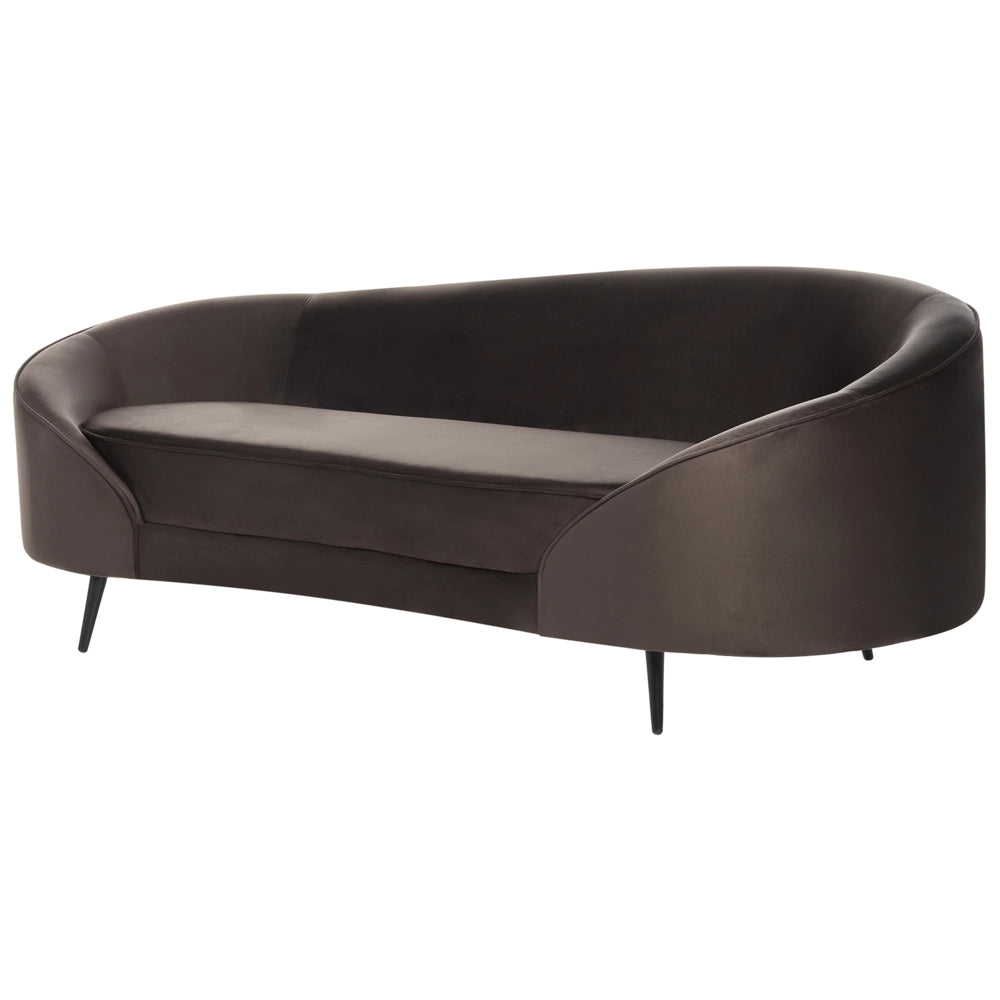 Divano 2 posti in velluto marrone scuro, stile retrò sinuoso e glamour, con gambe metalliche dorate