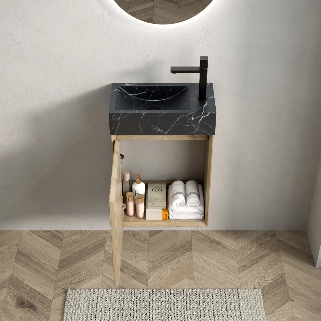 Mobile sottolavabo con lavabo integrato in marmo naturale con 1 anta salvaspazio per bagno nero e rovere bianco
