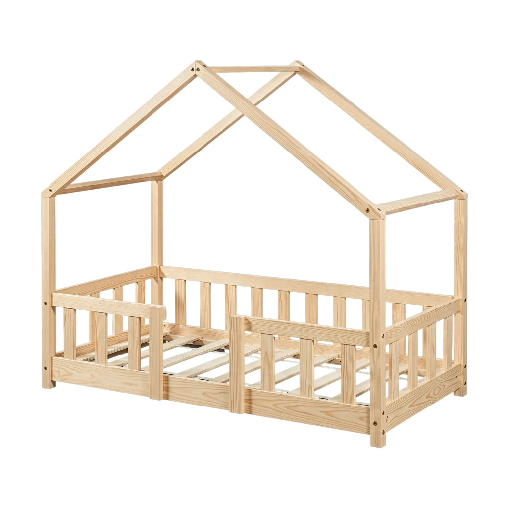 Letto per Cameretta Treviolo a Forma di Casetta in Stile Montessori 70x140 cm Naturale [en.casa]