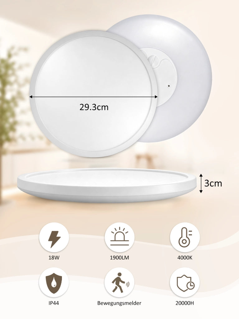 ZMH Lampada da Soffitto LED con Sensore di Movimento 18W 29cm Rotonda 4000K Radar per Corridoio Scala