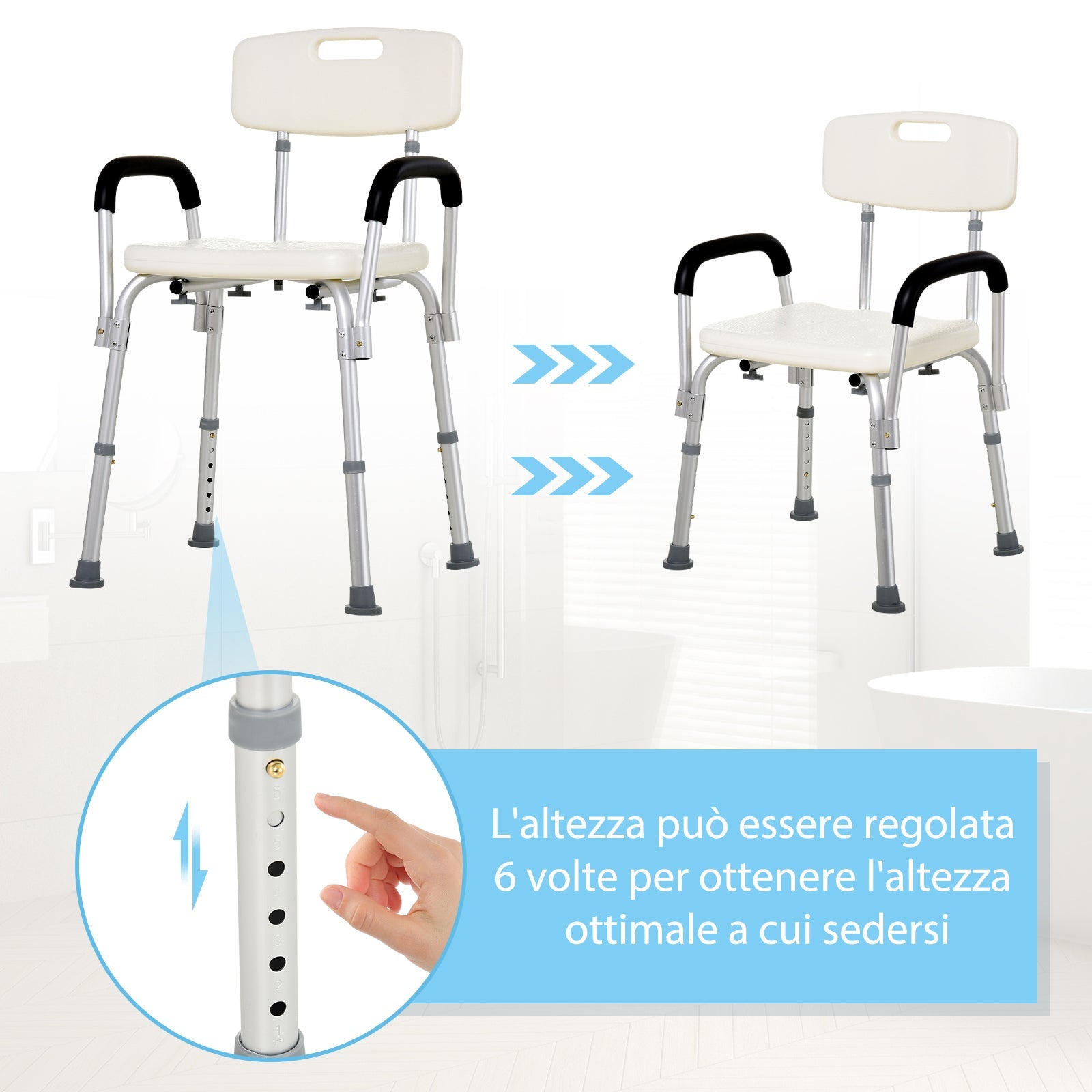 Sedia per Doccia con braccioli - Sedile da vasca con schienale sedia regolabile in altezza