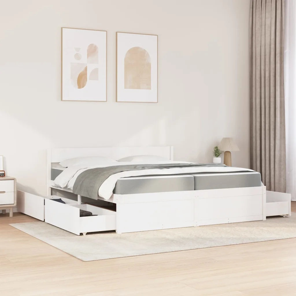 Letto Cassetti e Materasso Bianco 200x200cm Legno Massello Pino 3281887
