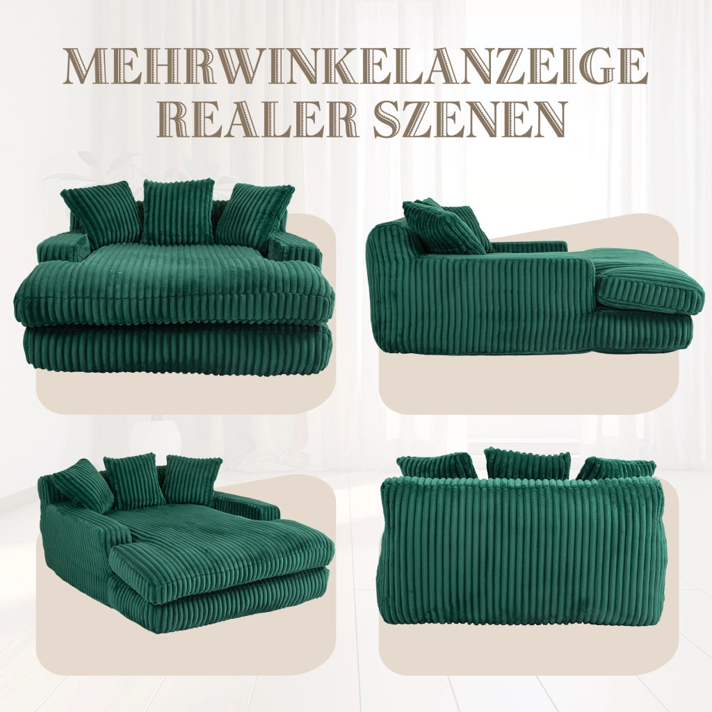 Chaise Longue Poltrona da Pavimento con Design Ergonomico e 3 Cuscini, in Velluto a Coste Smeraldo 125 × 155 × 63 cm