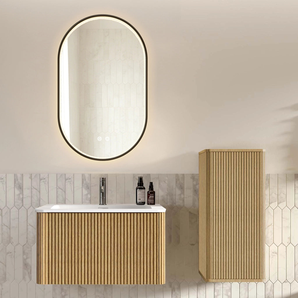 Mobile bagno con lavabo specchio LED e colonna sospesa con ante e vano contenitore per bagno in MDF rovere
