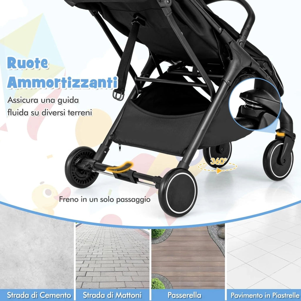 Passeggino Leggero Pieghevole per Bambini, Passeggiono Compatto con Schienale e Cappotta Regolabile, Cinture di Sicurezza a 5 Punti, Ruote con Freno, Fino a 15 kg (Nero)