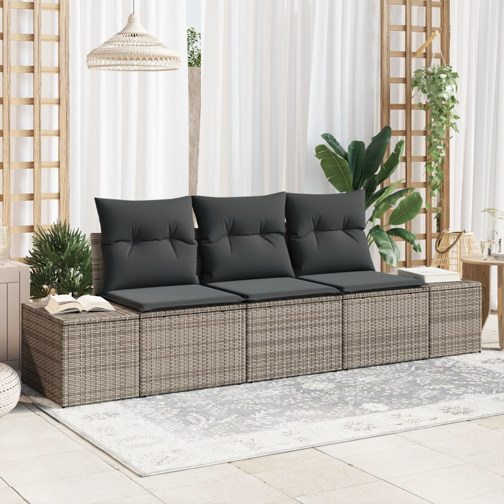 Set divano da giardino 3 pezzi con cuscini grigio polyrattan