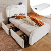 OKWISH Letto con Cassetti Singolo, USB, Type-C, LED e 2 Cassetti, 90 x 200 cm, con Materasso, Bianco
