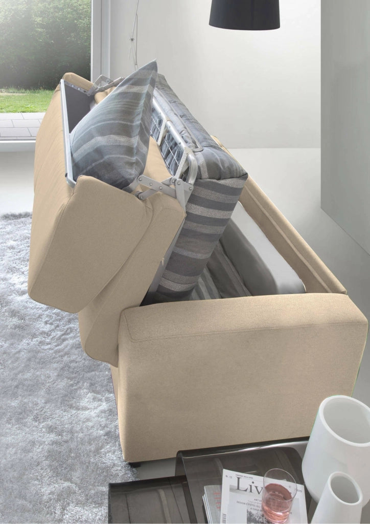 Divano Letto Akito, Divano a 2 posti Large, Made in Italy, SofÒ  Soggiorno con apertura girevole, in tessuto imbottito, con Braccioli slim, cm 180x95h90, Beige