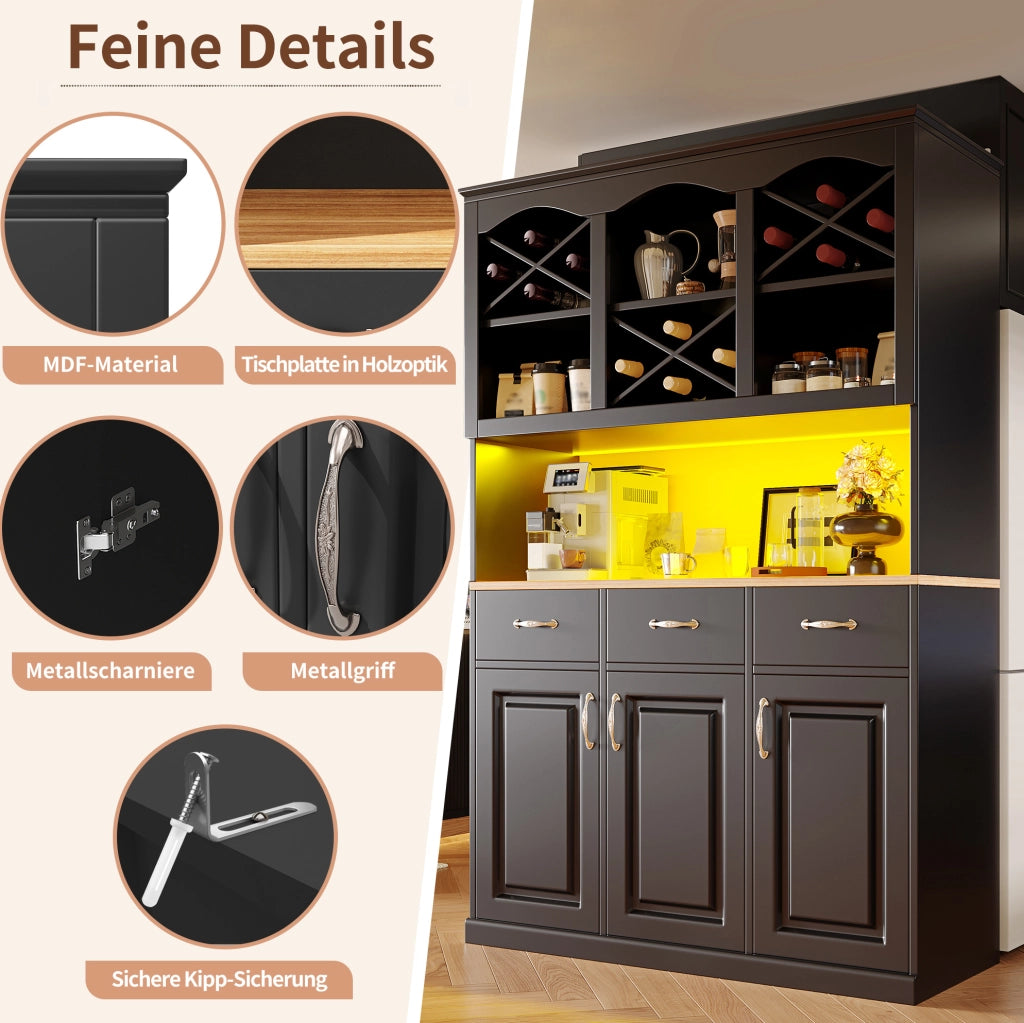 Credenza da cucina nera con LED, 3 ante e 3 cassetti