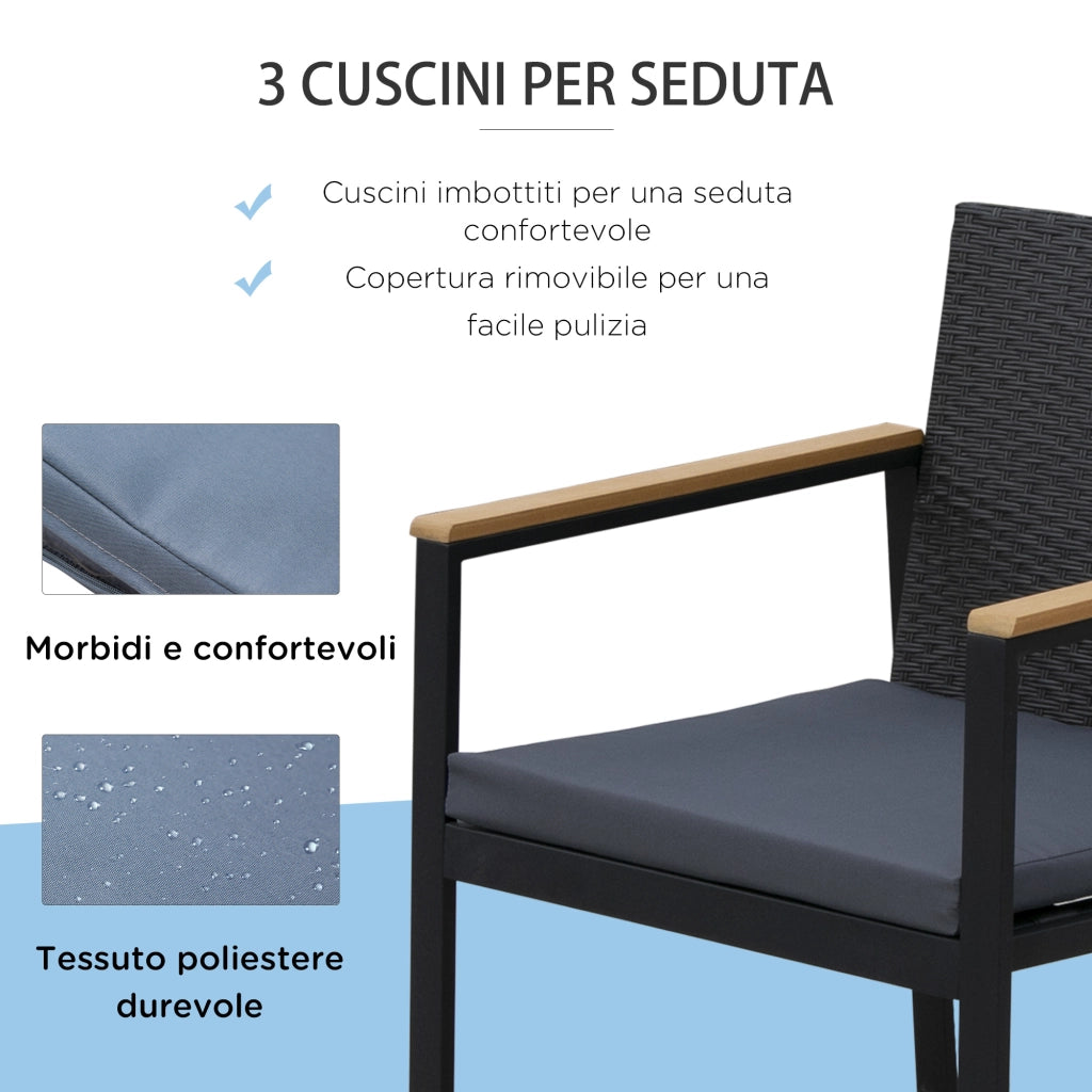 EasyComfort Set 4 Pezzi Salotto da Esterni con 2 Sedie, Divano e Tavolino Mobili da Giardino in Rattan e Acciaio Nero