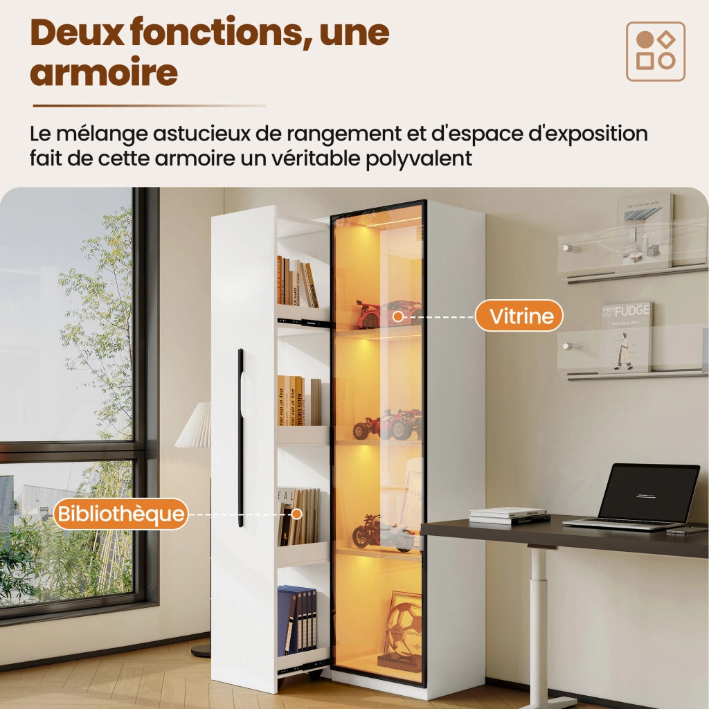 Libreria Vetrina con 1 Porta in Vetro; 1 Scaffale Estraibile; LED; per Soggiorno Sala da Pranzo; MDF; Bianco; 70 × 40 × 160 cm