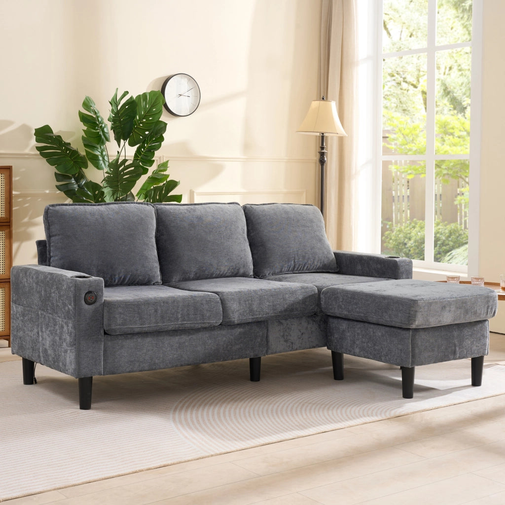 Divano 3 Posti in Lino Grigio a L con Pouf e Porte USB