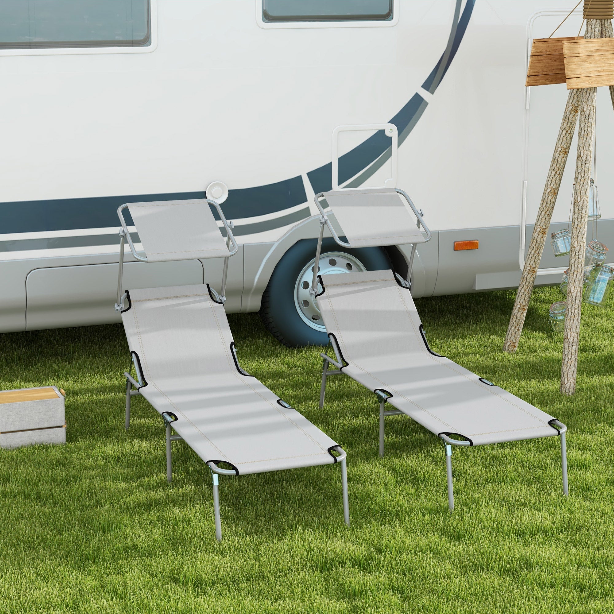 Set 2 Sdraio da Giardino 187x58x36 cm Pieghevoli con Tettuccio Regolabile in Tessuto Oxford e Metallo Grigio Chiaro