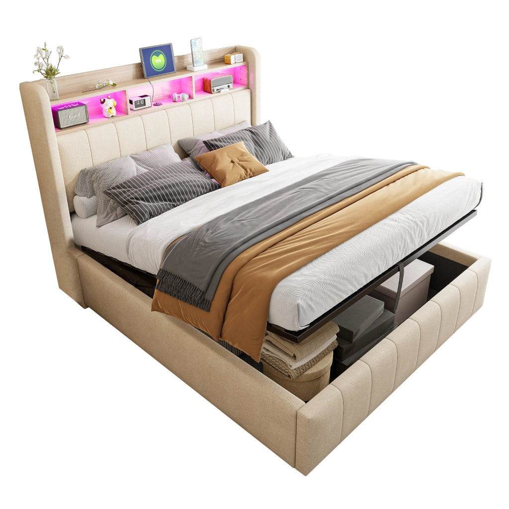 Letto imbottito 140x200 cm con LED, USB e contenitore idraulico