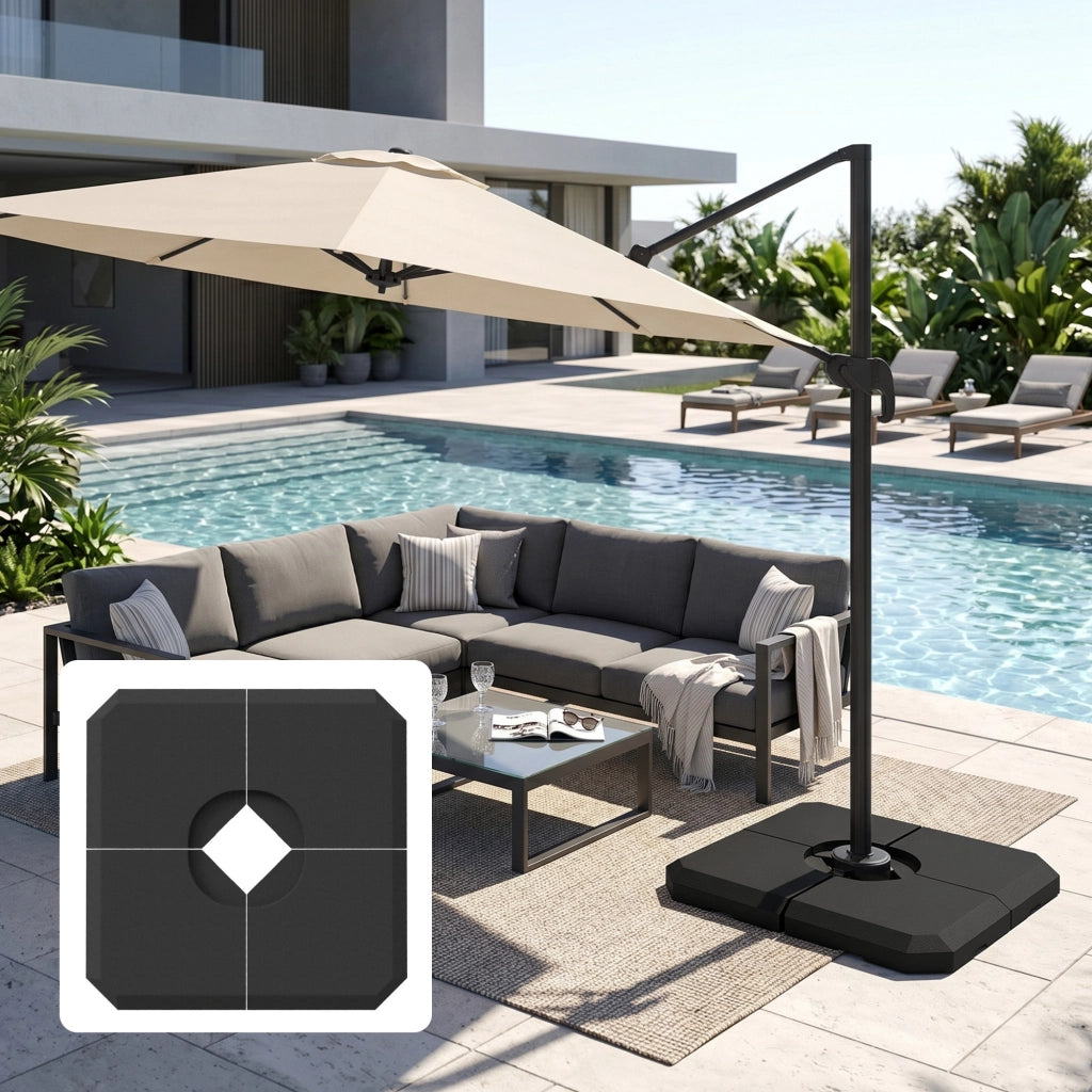 Base per Ombrellone a Braccio da 4 Pezzi Riempibile con Acqua o Sabbia per Basi a Croce da 100x100cm, Nero