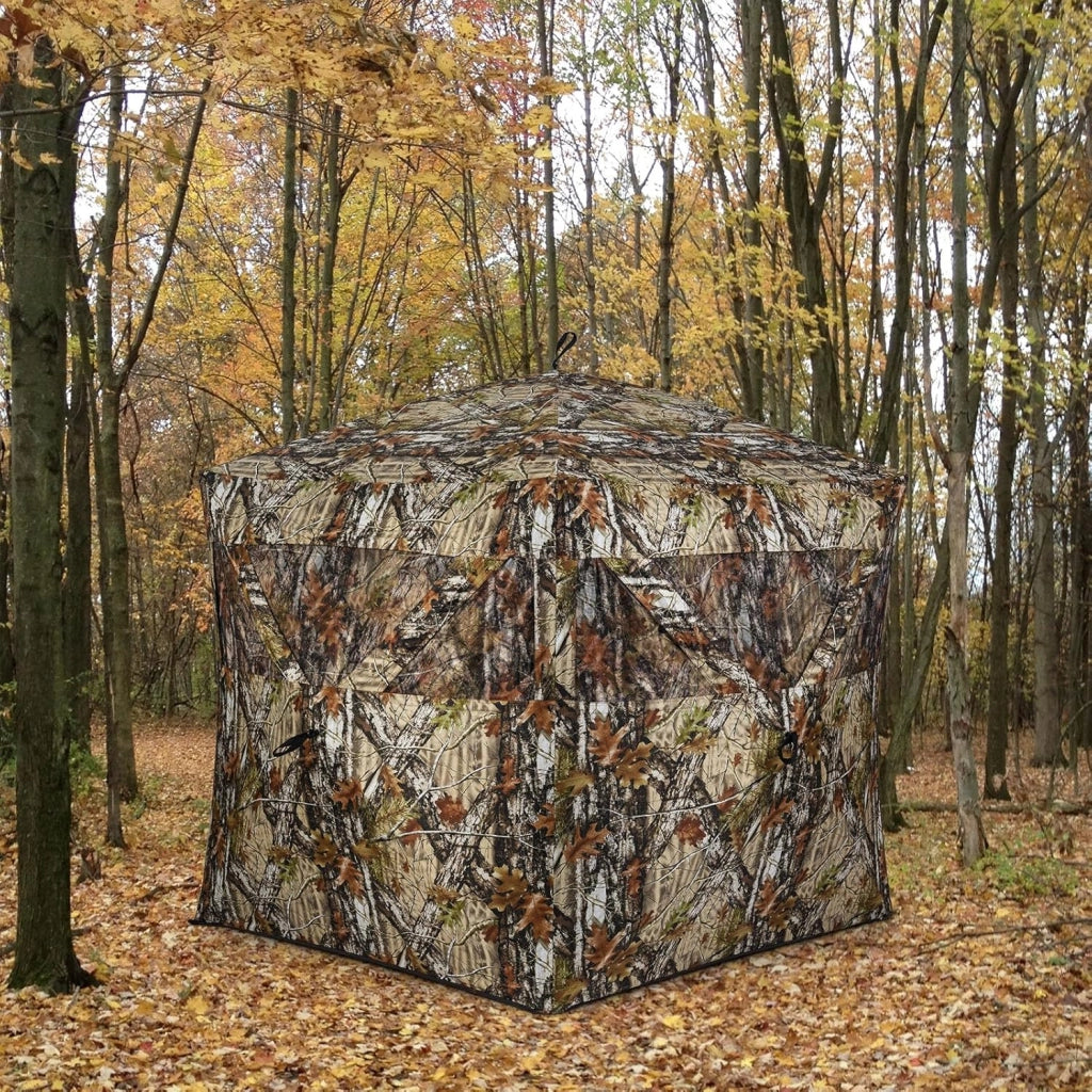 Tenda da Caccia Portatile per 4 Persone, Tenda Pop-Up Camouflage con Finestre Silenziose, Porta Apribile, Pannelli di Sicurezza Rimovibili e Borsa da Trasporto, 140 x 140 x 176 cm