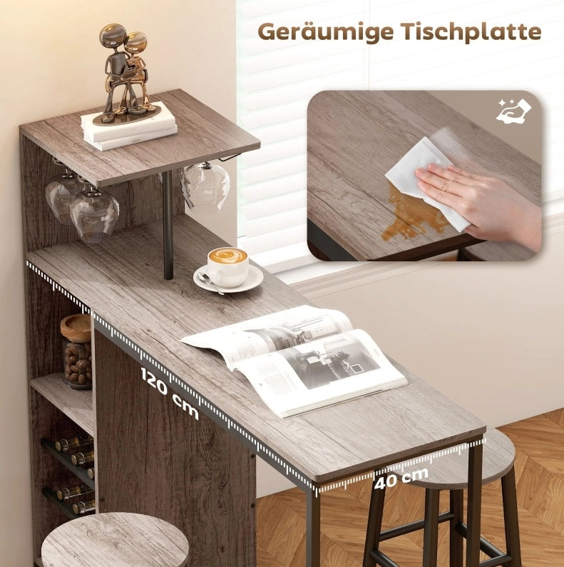 Set tavolo bar con 2 sgabelli, portabottiglie e portabicchieri