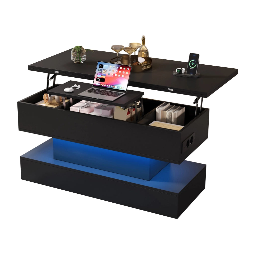 Tavolino rialzabile 100x50x51.5 cm con LED e vano portaoggetti in truciolato nero