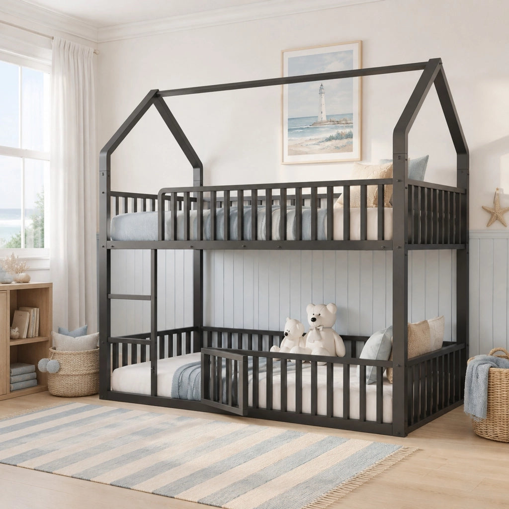Letto a castello in metallo 90x200 cm con scala frontale, design a casa, nero