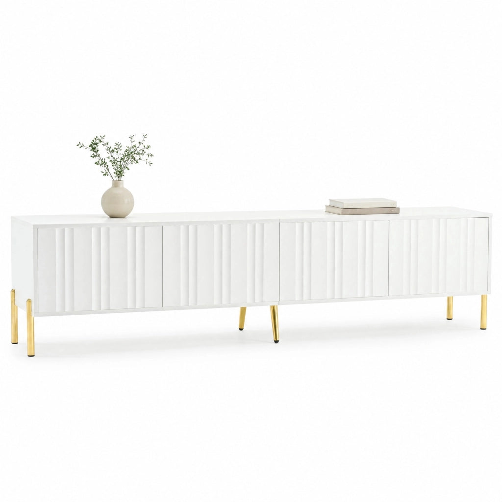 Mobile TV bianco 190x38x48 cm con 4 ante scanalate e piedini dorati in MDF