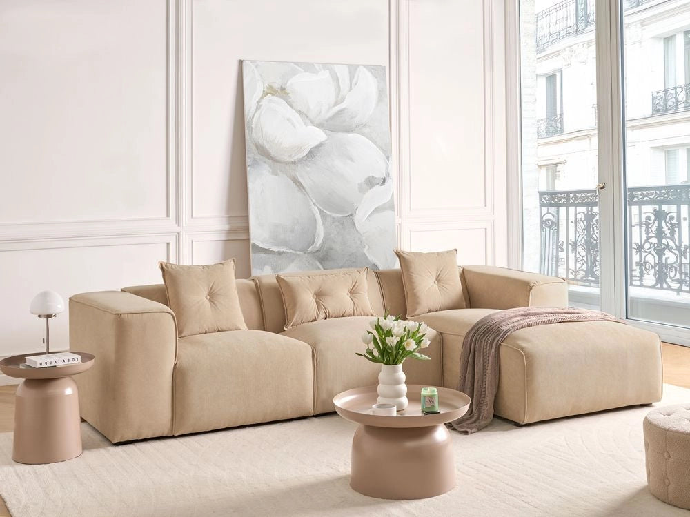 Divano Angolare Beige Velluto A Coste 3 Posti Cuscini Extra Dispersi versione sinistra stile Moderno
