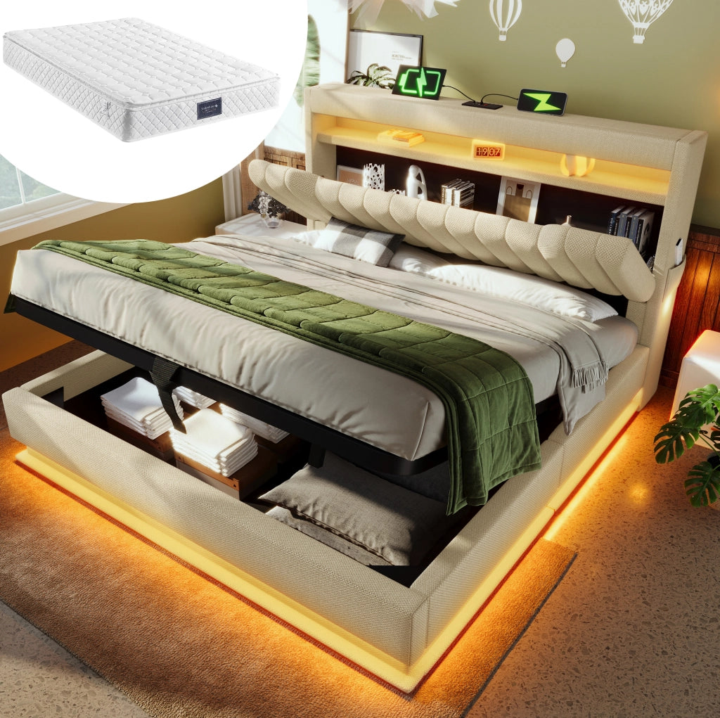 Letto con testiera contenitore; LED; USB e Type-C; 160x200 cm; lino beige; con materasso