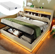 Letto con testiera contenitore; LED; USB e Type-C; 160x200 cm; lino beige; con materasso